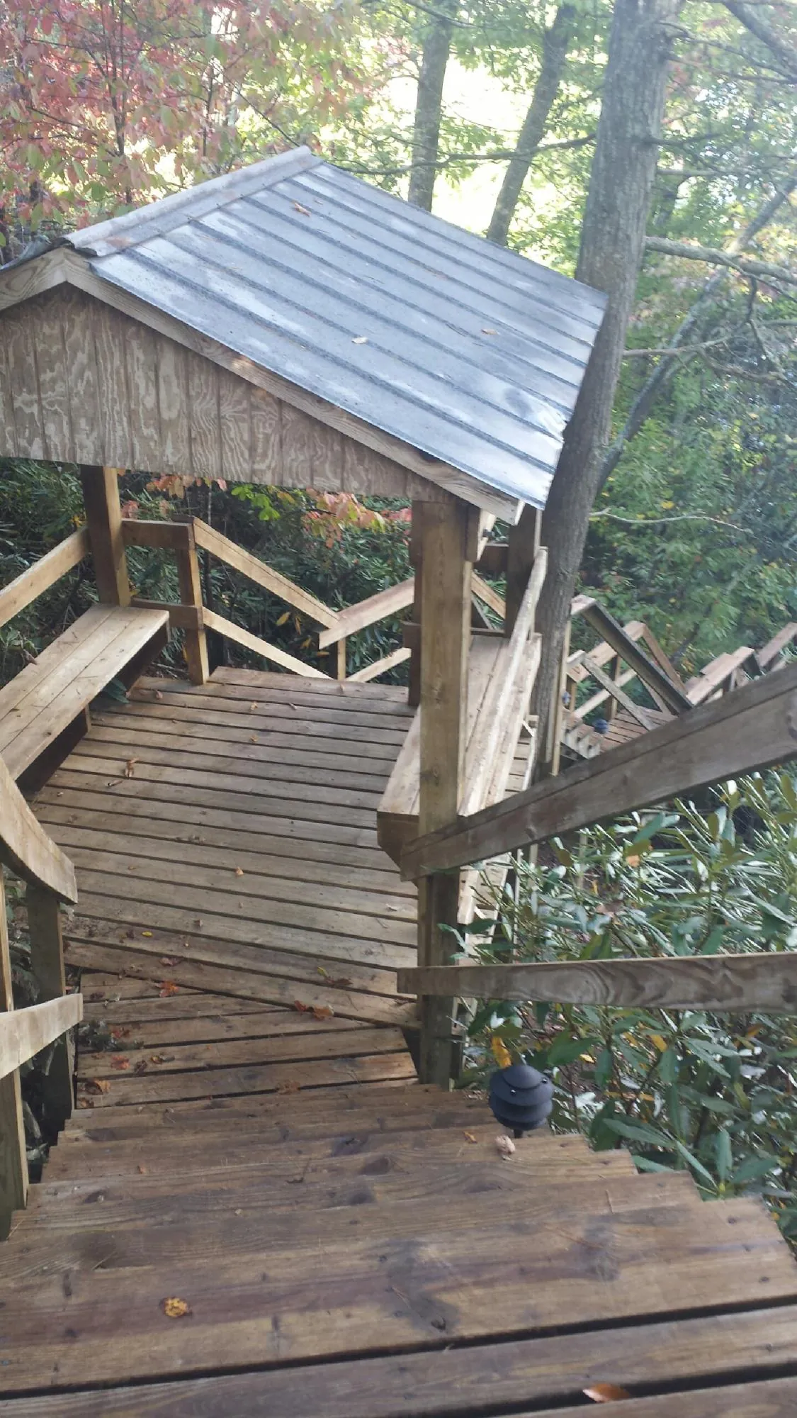 Metal roofed shelter over wooden steps on a wooded walkway — Skylight Repair & Installation work by our crew in Eola